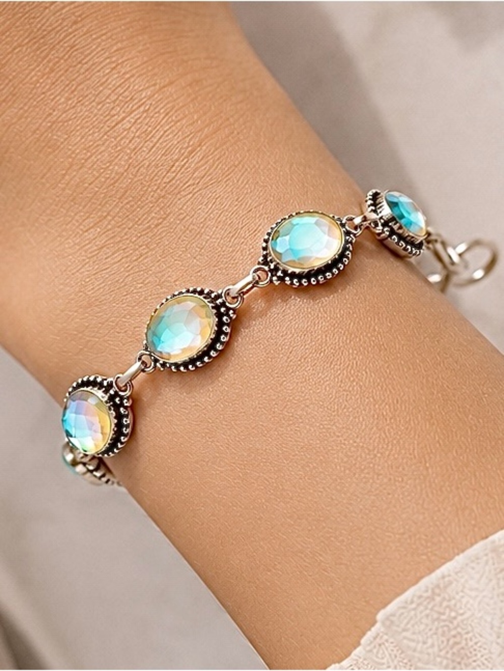 Faceted Rainbow Fire Topaz 925 Silver Adjustable Bracelet